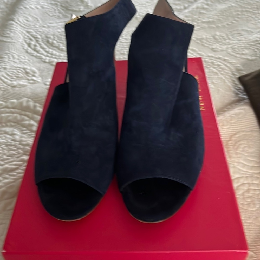 Open toe bootie style sandal with stacked heel. Beautiful suede and gold buckle